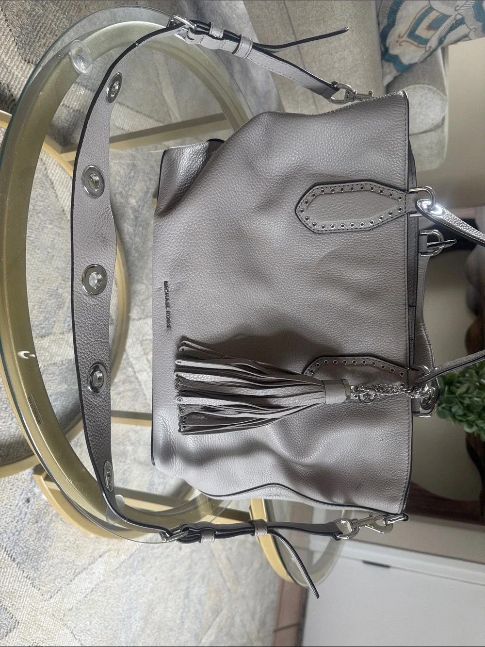 Michael Kors Taupe Leather Tassel Shoulder Hobo Bag